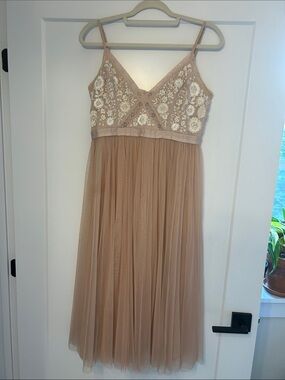 Needle & Thread Blush Beige Tulle Midi Dress with Embroidered Bodice